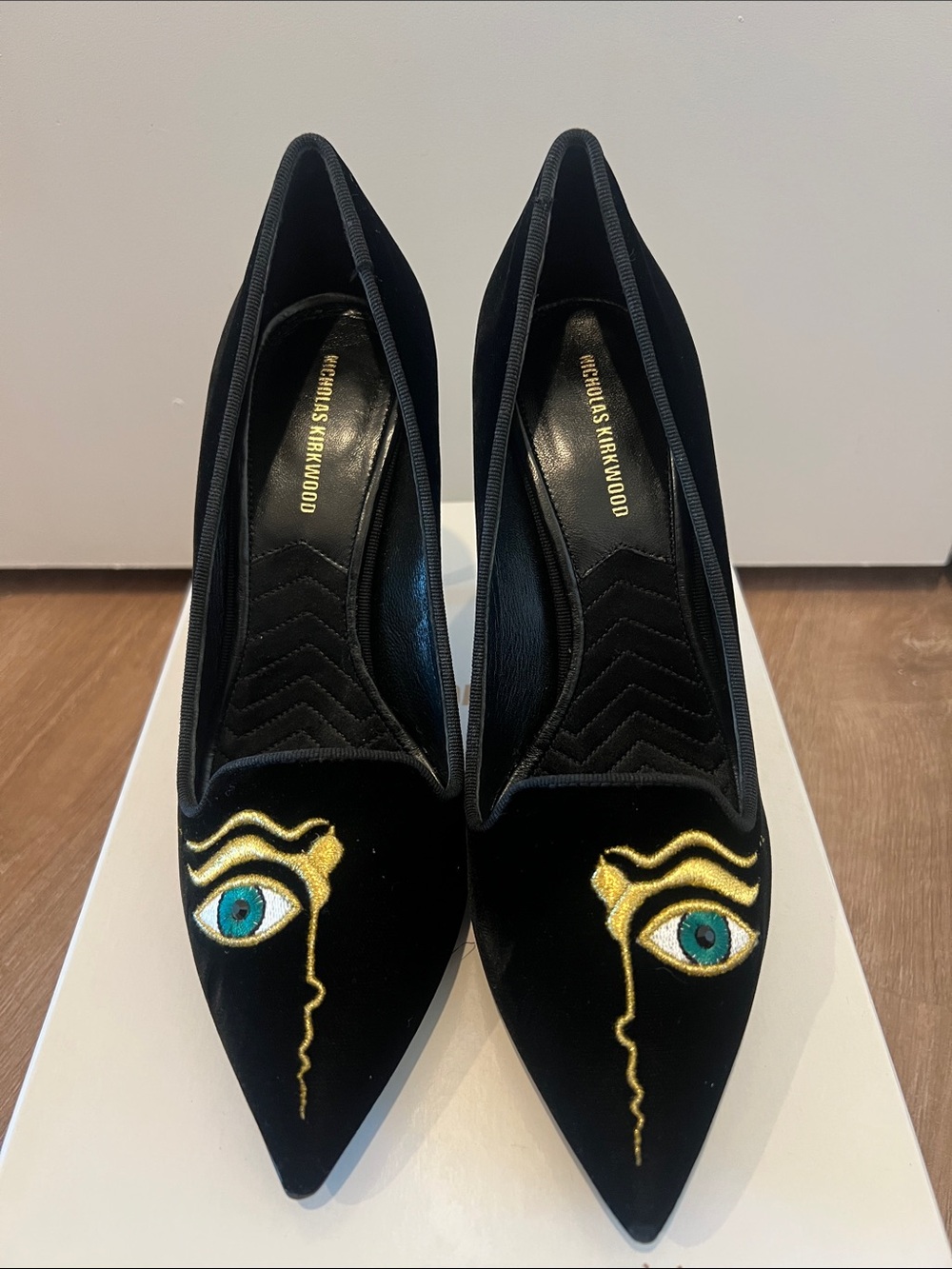 Nicholas Kirkwood Black Velvet Pointed-Toe Pumps with Gold & Teal Eye Embroidery